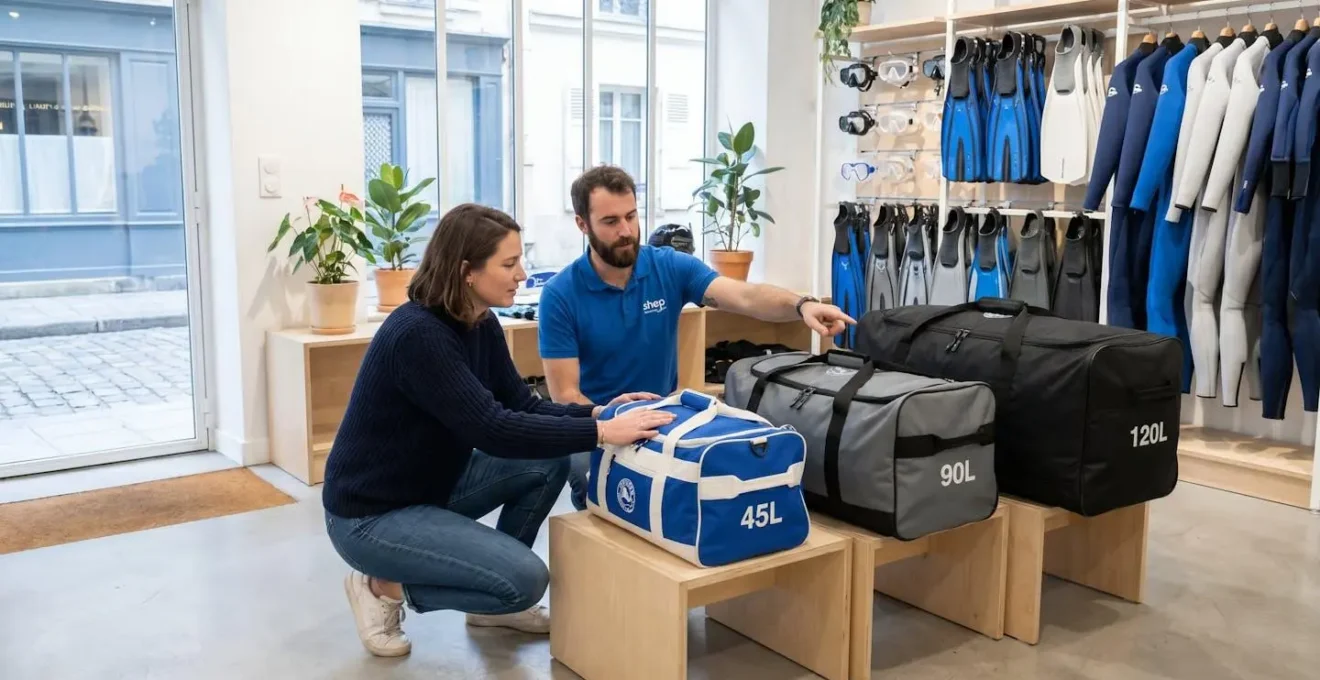 Client consultant différents volumes de sacs de plongée dans un magasin spécialisé, guidé par un vendeur expert pour faire le bon choix