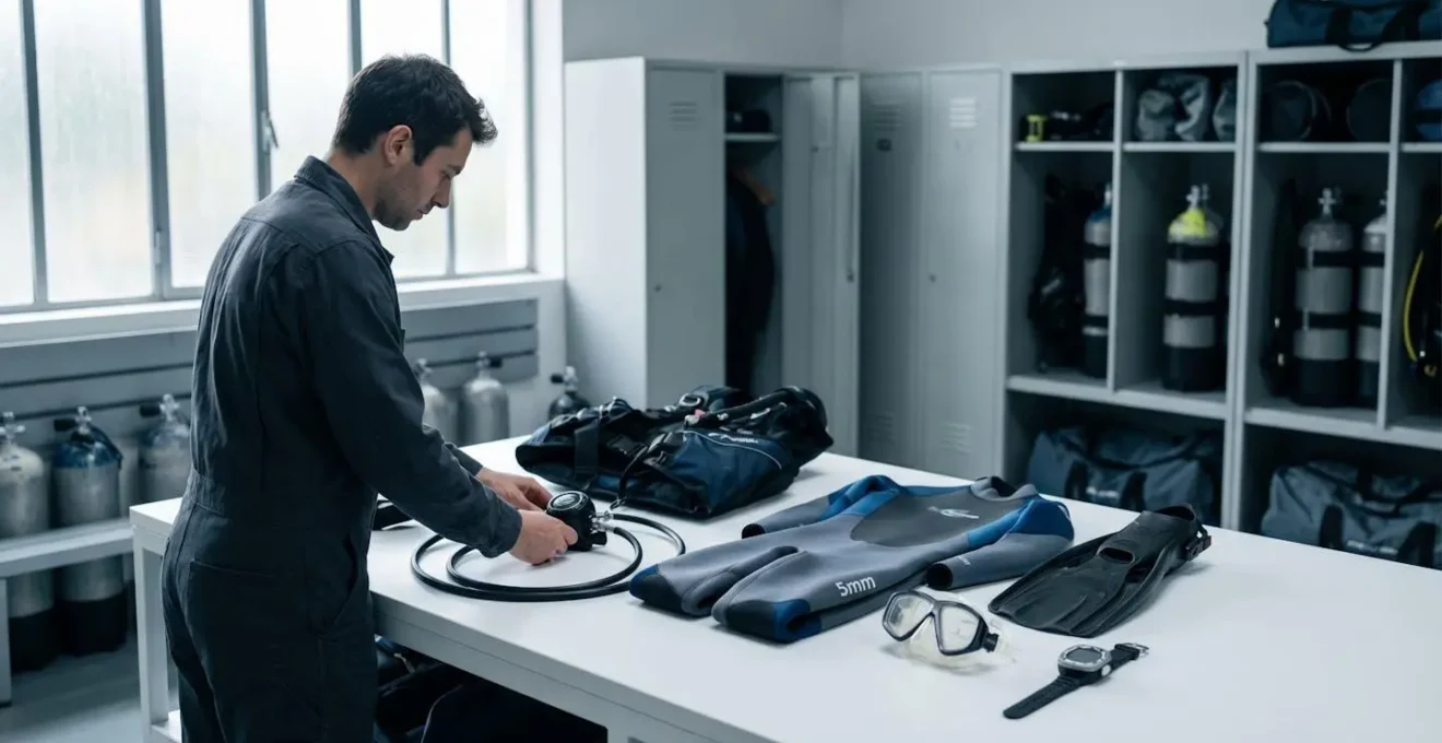 Plongeur organisant son équipement complet sur une table de préparation dans un club de plongée, avec détendeur, gilet, combinaison et accessoires disposés méthodiquement