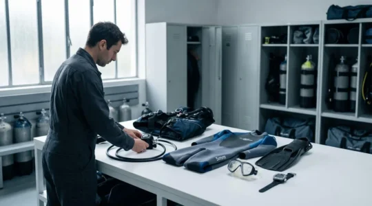 Plongeur organisant son équipement complet sur une table de préparation dans un club de plongée, avec détendeur, gilet, combinaison et accessoires disposés méthodiquement